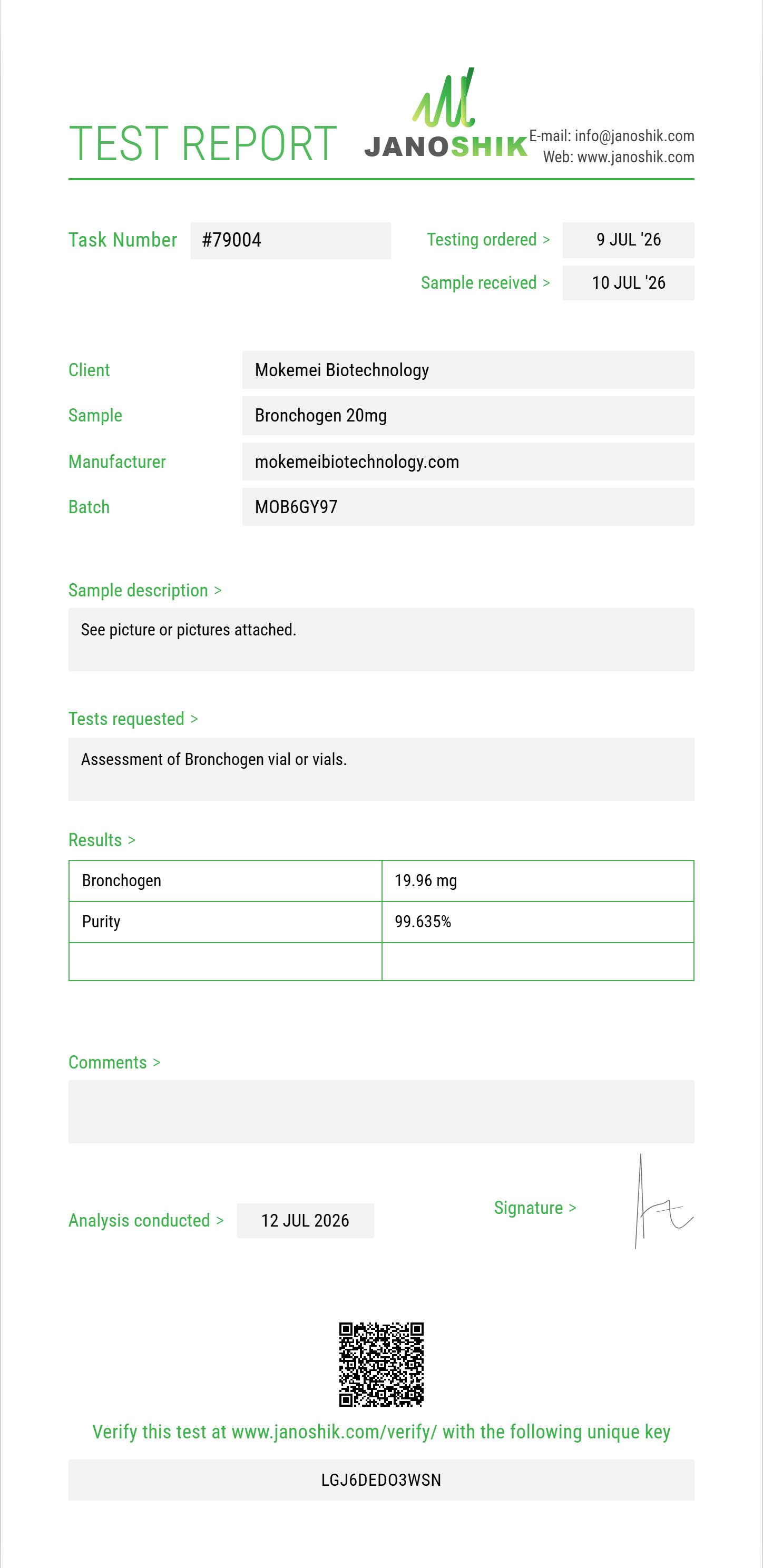 Bronchogen Purity (HPLC) report by Janoshik Analytical