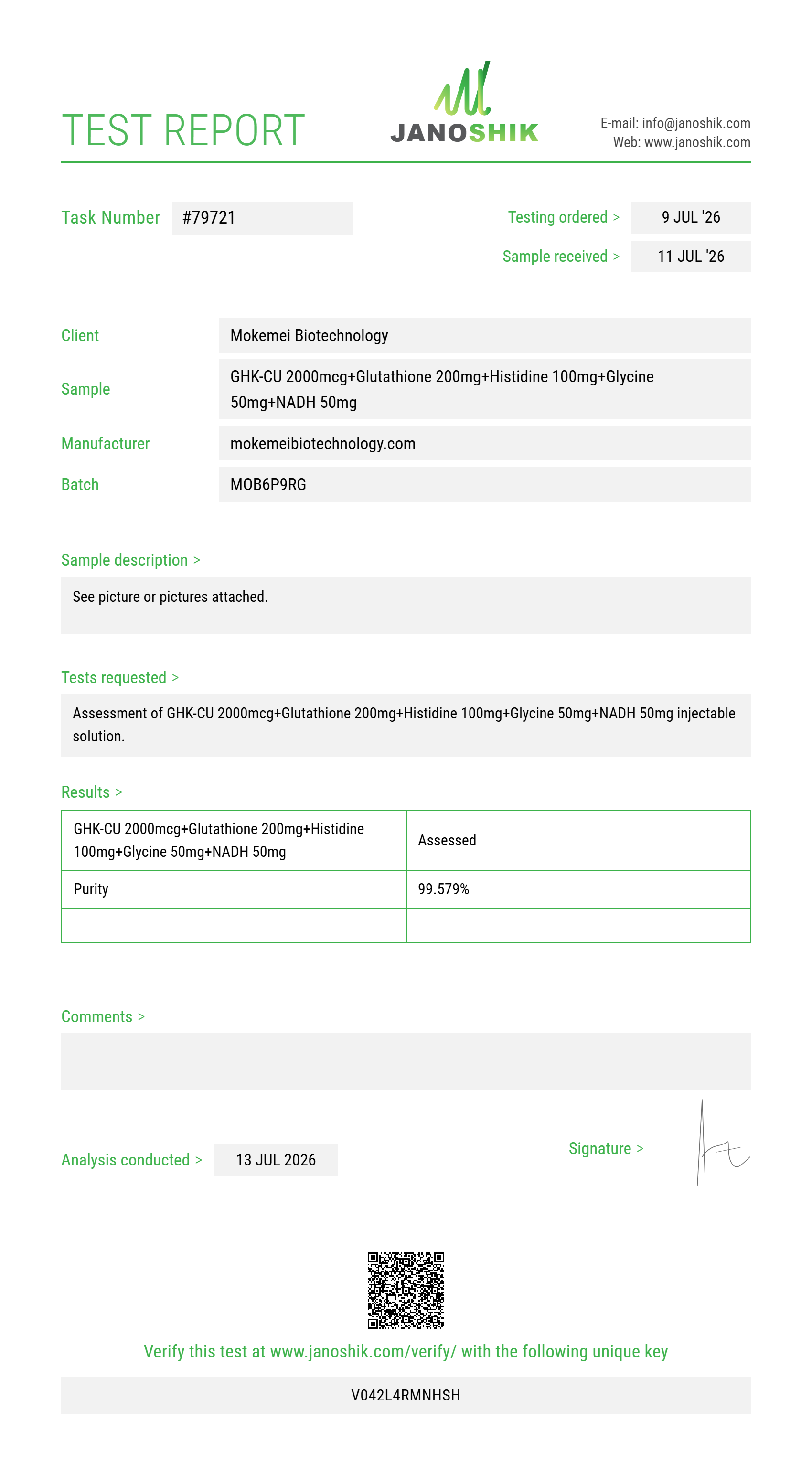 GHK-CU 2000mcg+Glutathione 200mg+Histidine 100mg+Glycine 50mg+NADH 50mg Purity (HPLC) report by Janoshik Analytical