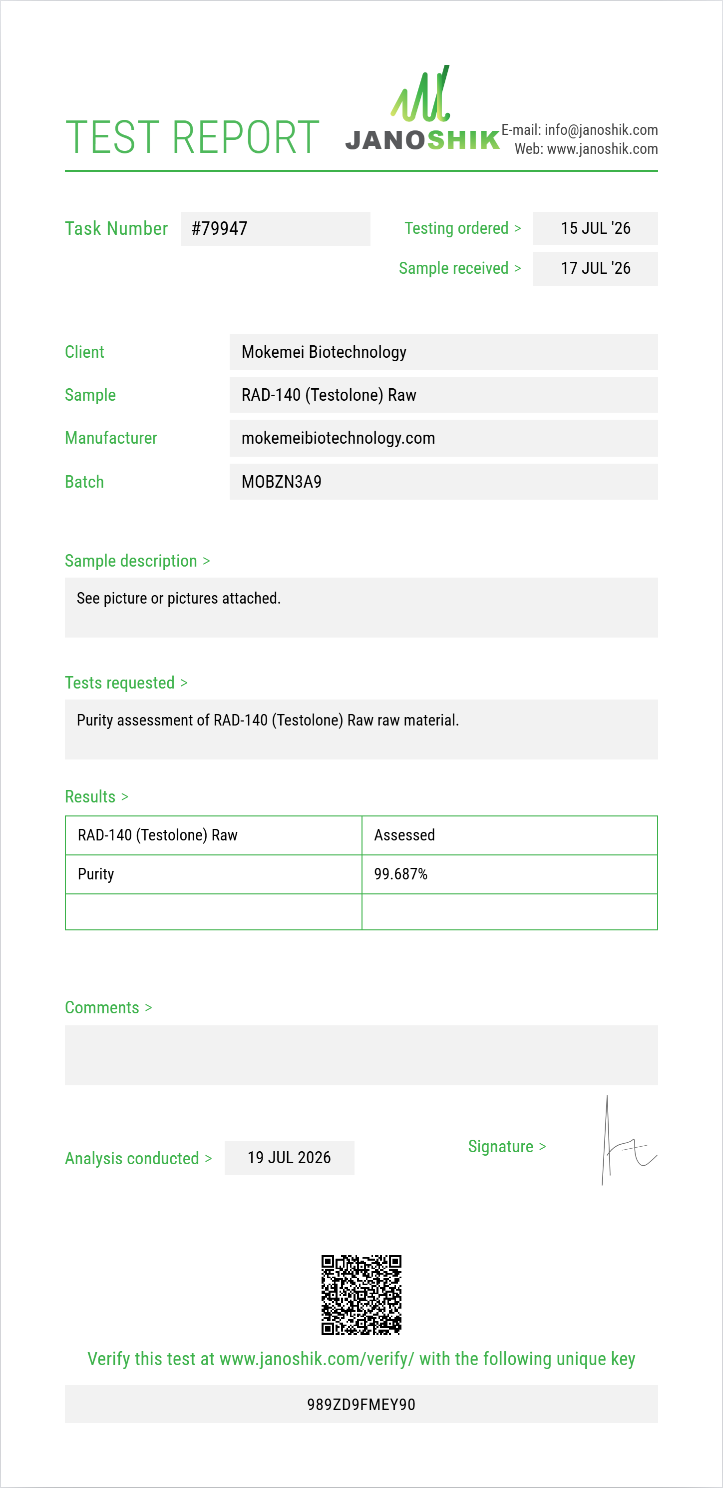 RAD-140 (Testolone) Raw Purity (HPLC) report by Janoshik Analytical