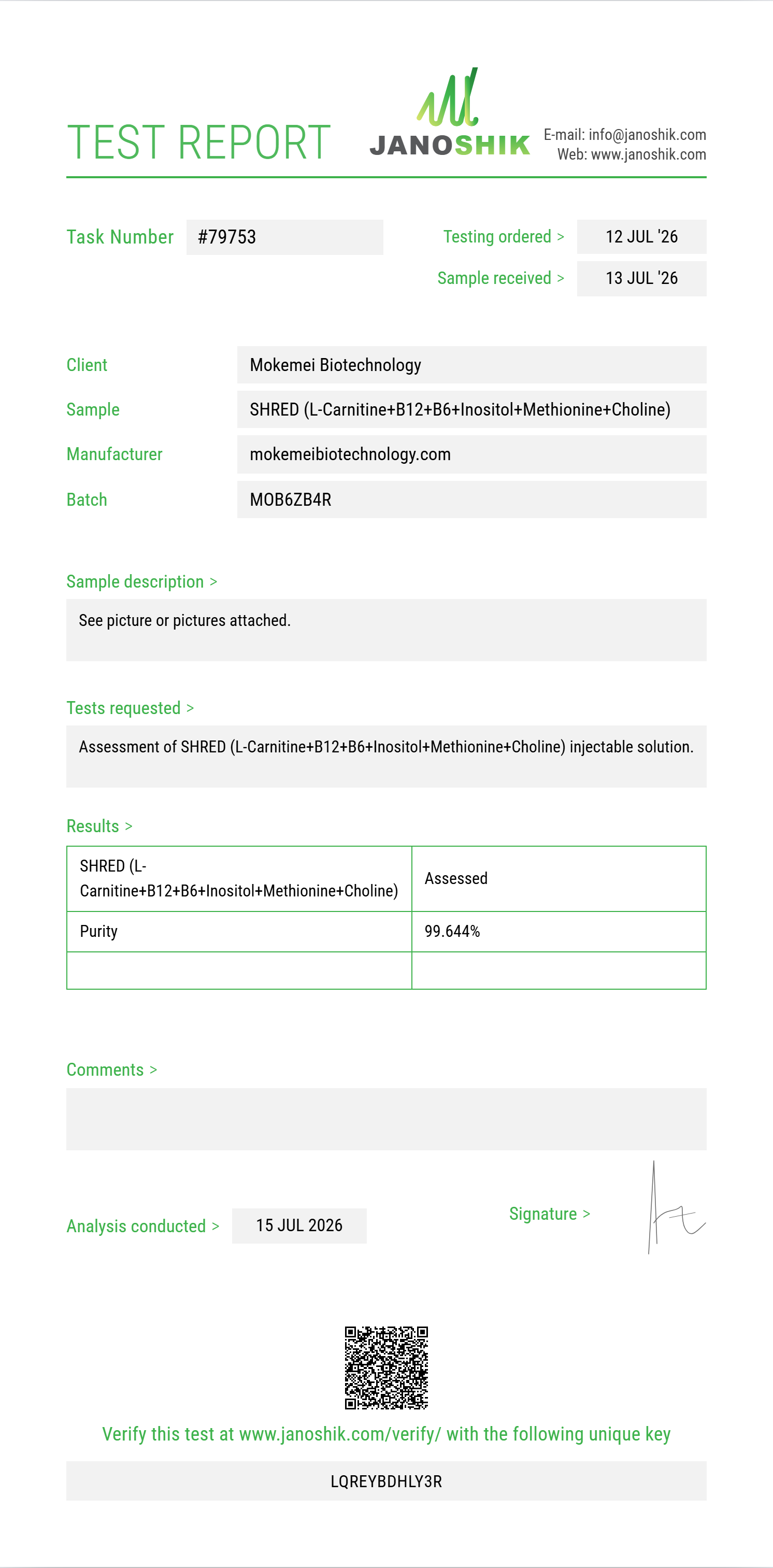 SHRED (L-Carnitine 200mg+B12+B6+Inositol+Methionine+Choline) Purity (HPLC) report by Janoshik Analytical