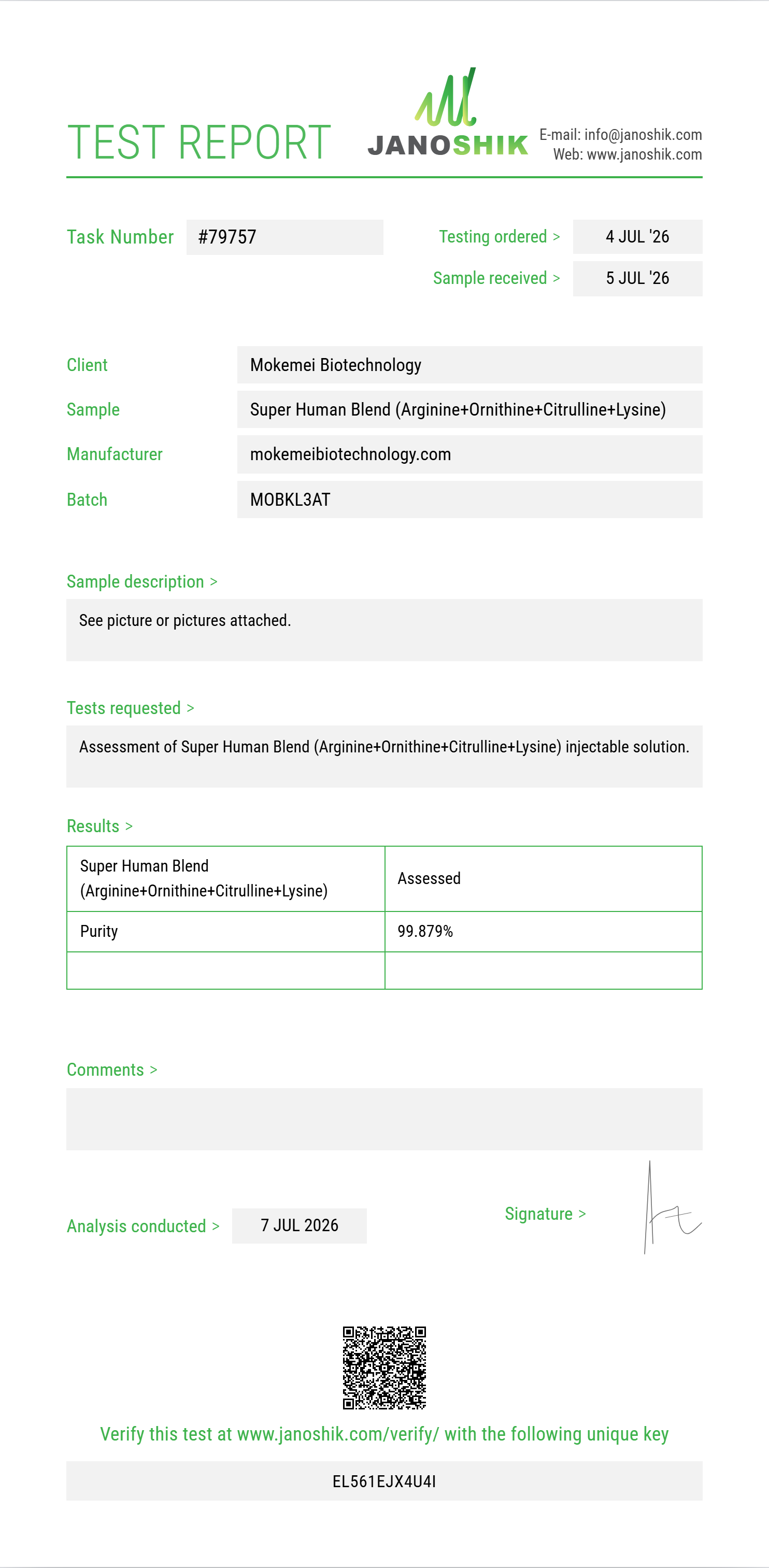 Super Human Blend (Arginine+Ornithine+Citrulline+Lysine+Glutamine+Proline+Taurine+Carnitine+NAC) Purity (HPLC) report by Janoshik Analytical