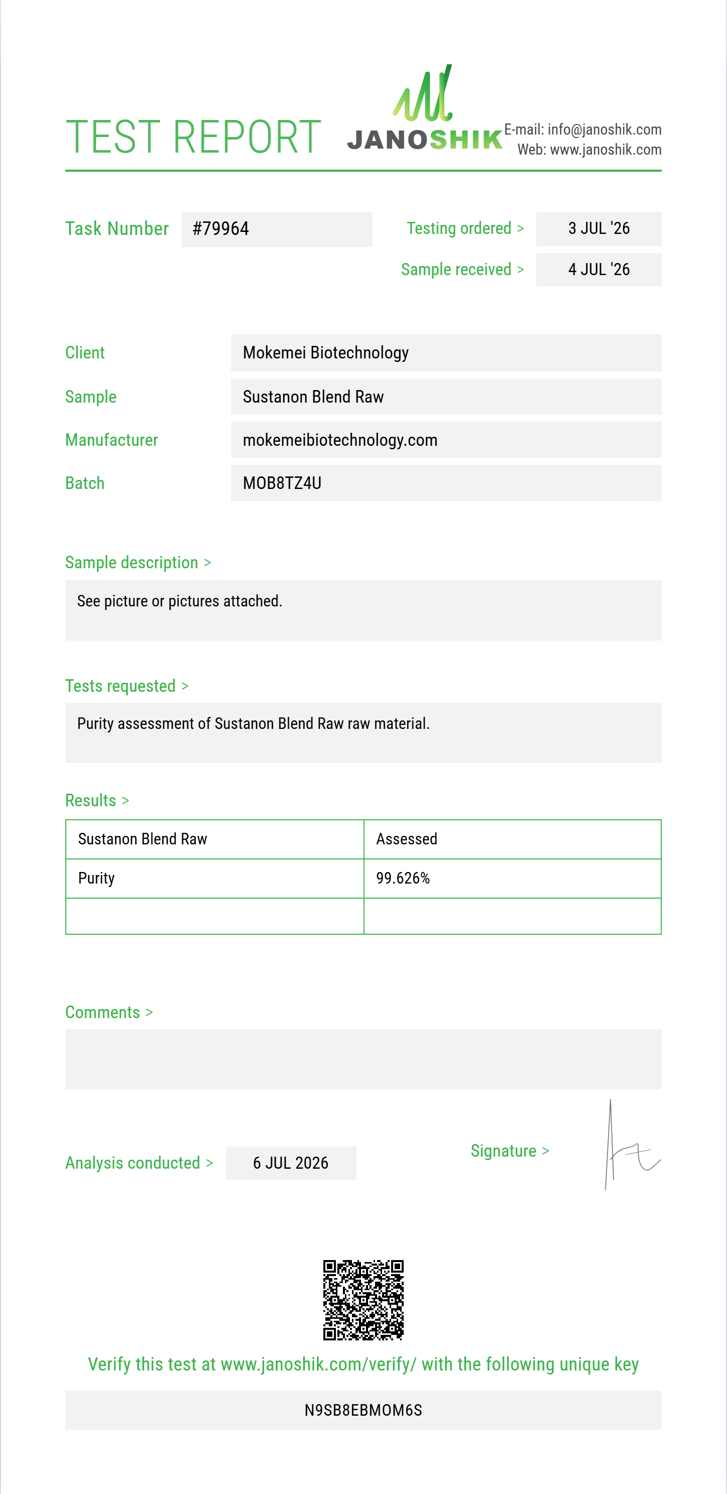 Sustanon Blend Raw Purity (HPLC) report by Janoshik Analytical