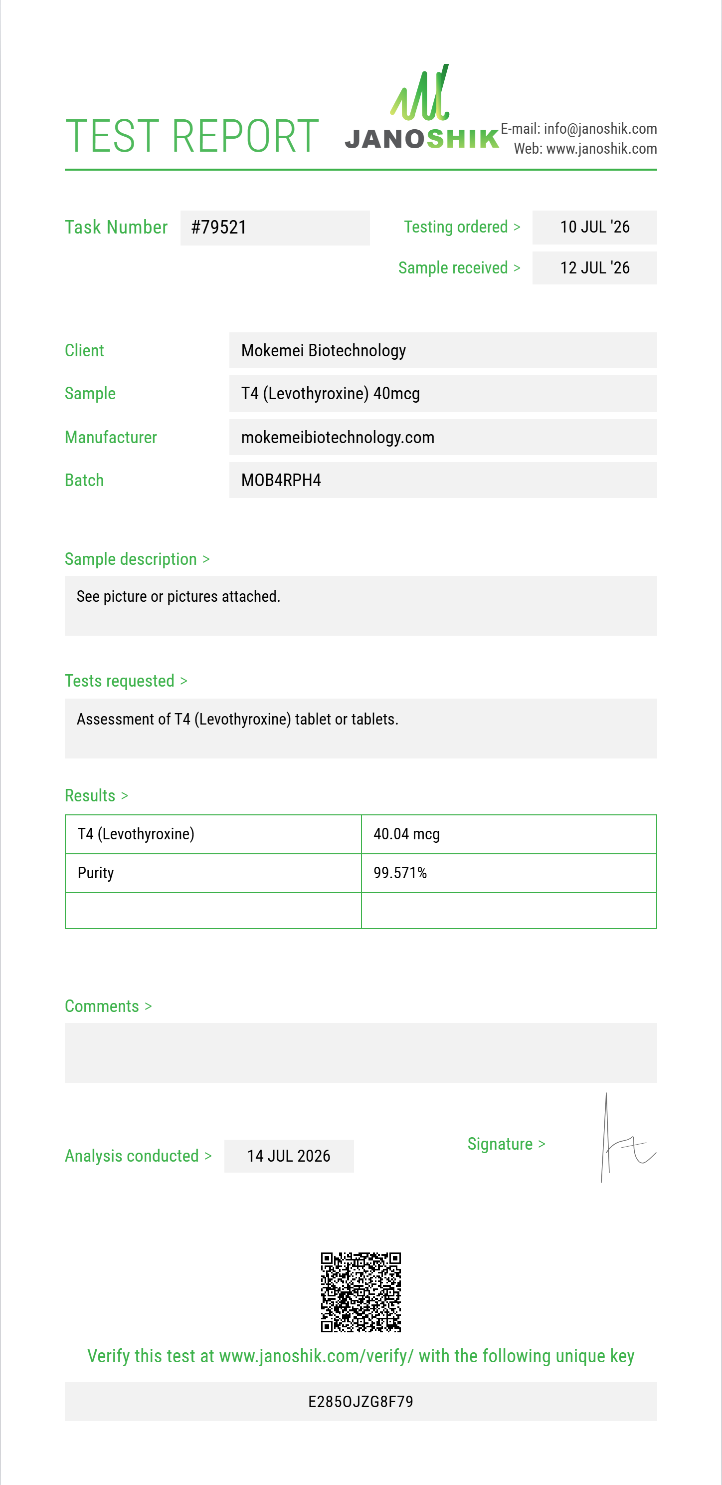 T4 (Levothyroxine) Purity (HPLC) report by Janoshik Analytical