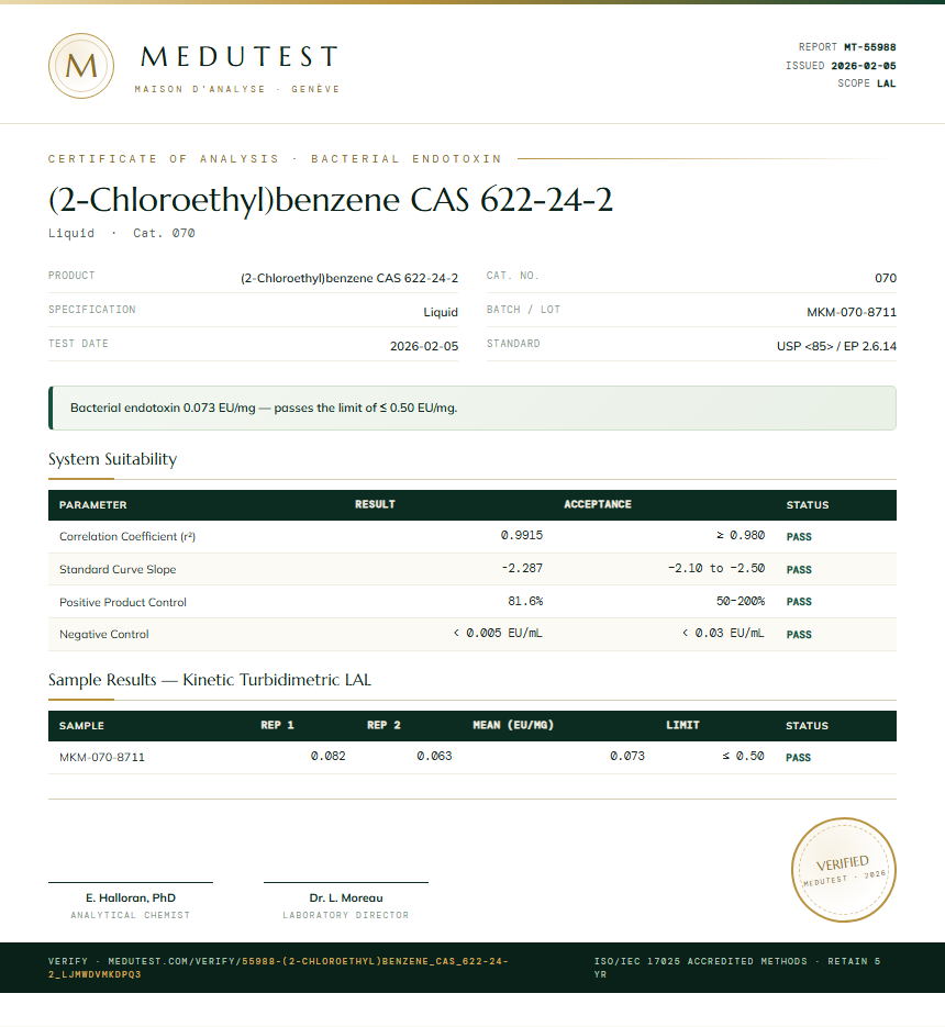 (2-Chloroethyl)benzene CAS 622-24-2 Endotoxin report by Medutest