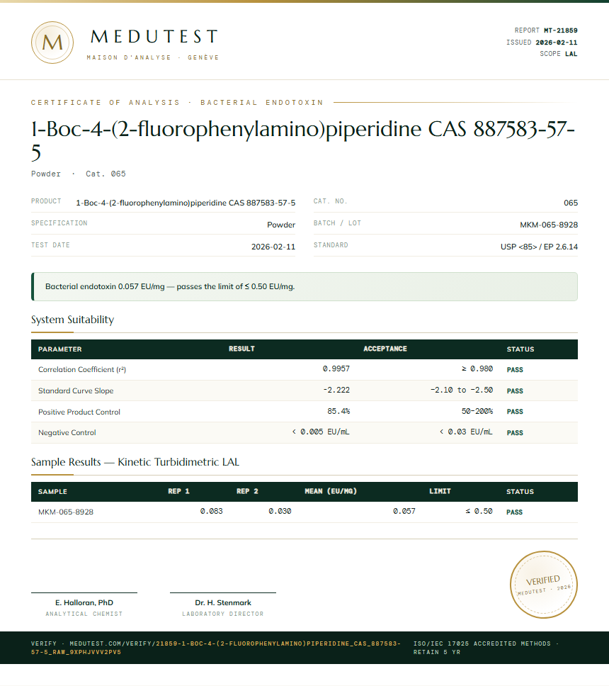 1-Boc-4-(2-fluorophenylamino)piperidine CAS 887583-57-5 Endotoxin report by Medutest
