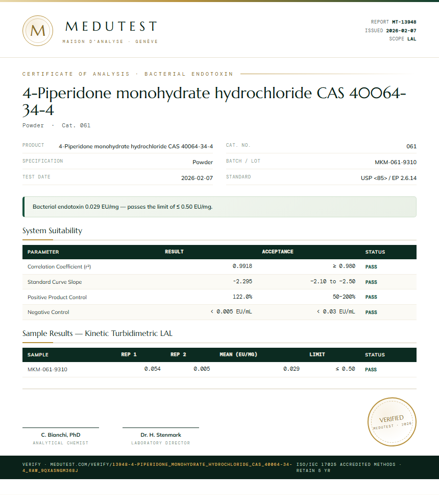 4-Piperidone monohydrate hydrochloride CAS 40064-34-4 Endotoxin report by Medutest