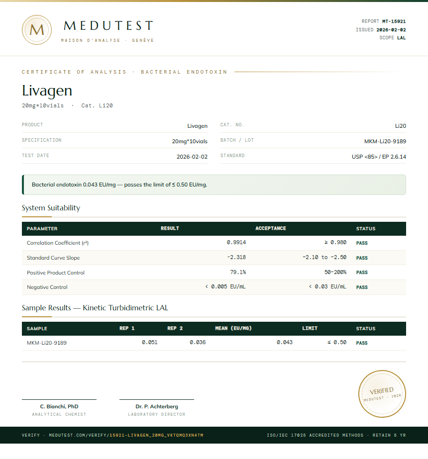 Livagen Endotoxin report by Medutest
