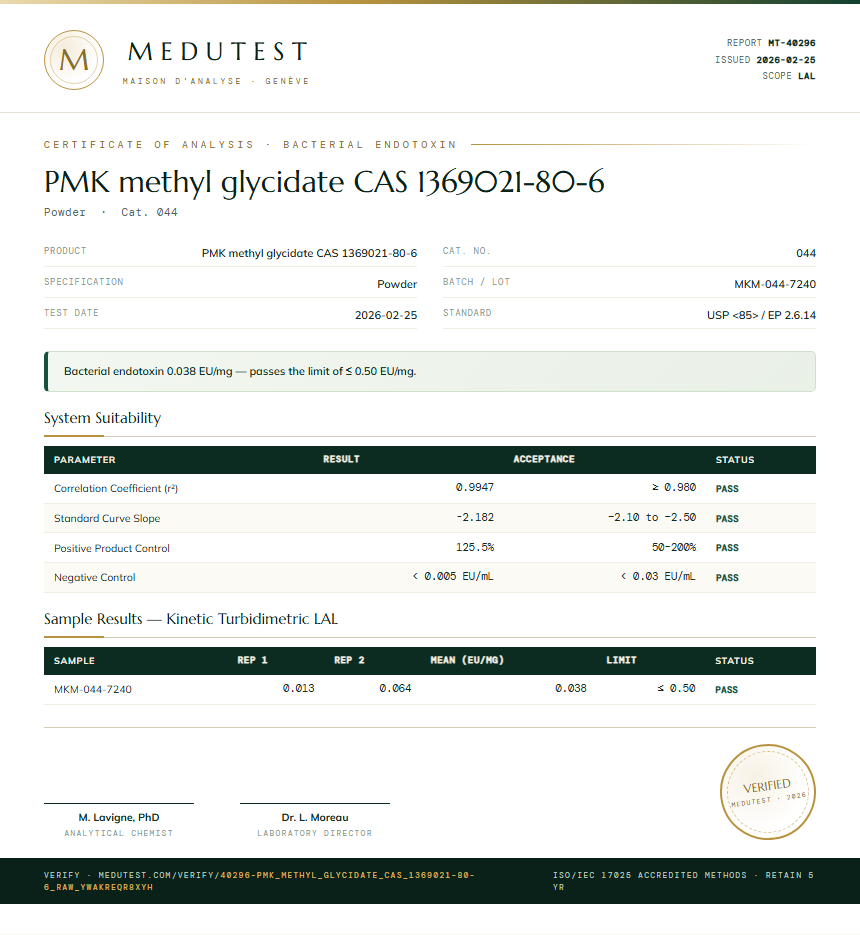 PMK methyl glycidate CAS 1369021-80-6 Endotoxin report by Medutest