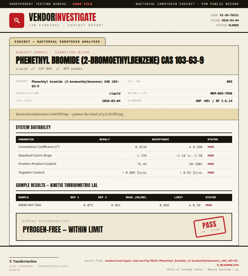 Phenethyl bromide (2-bromoethylbenzene) CAS 103-63-9 Endotoxin report by VendorInvestigate