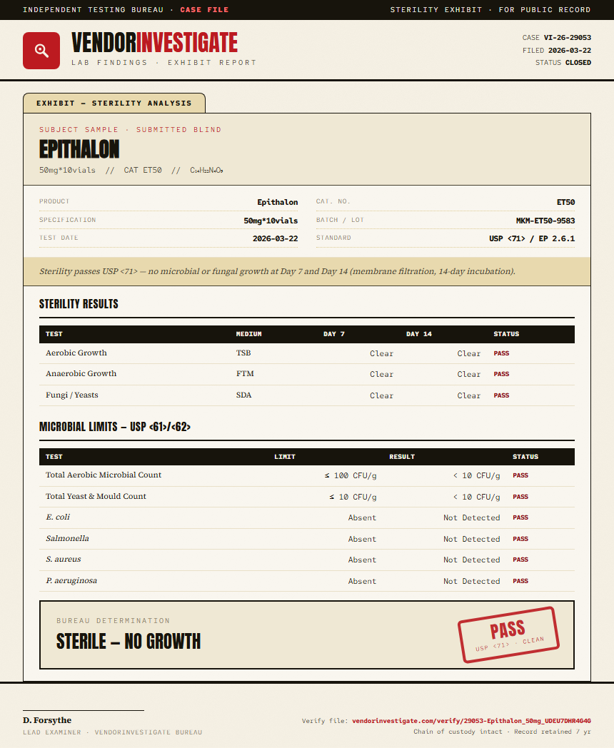 Epithalon Sterility report by VendorInvestigate